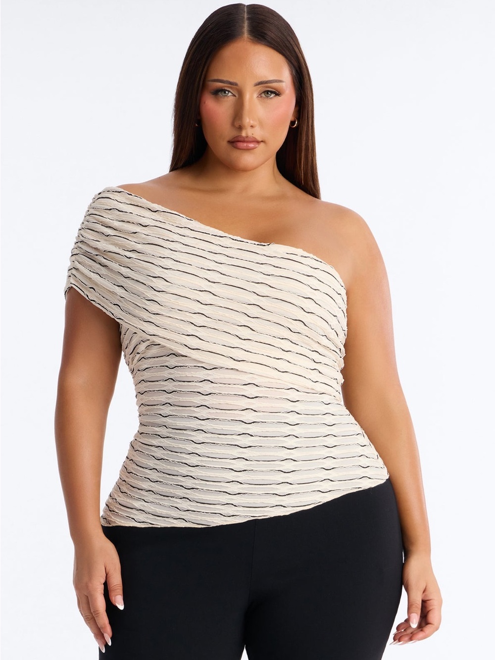 NWT Fashion Nova Amaya Black & White Textured One Shoulder Short Sleeve Top